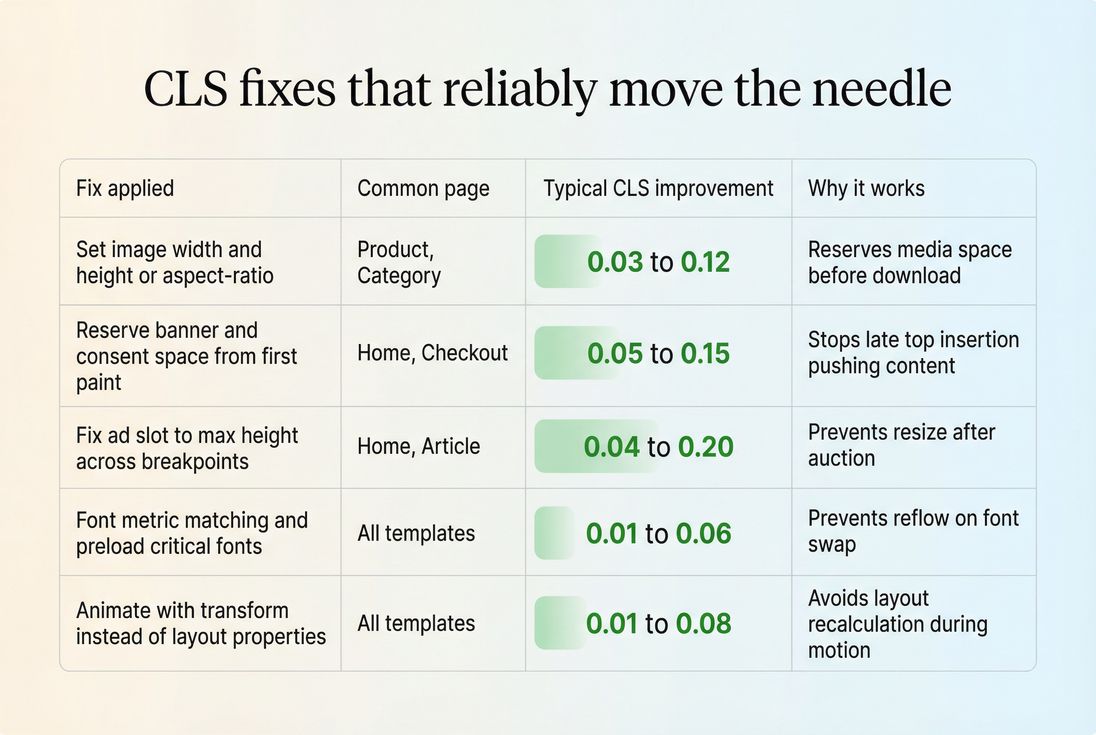 Before-and-after table visualization showing CLS fixes applied and resulting CLS improvements across key templates